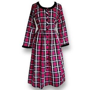 Lanz of Salzburg Womens Midi Dress Sz S Red Black Velvet Tartan Plaid Holiday